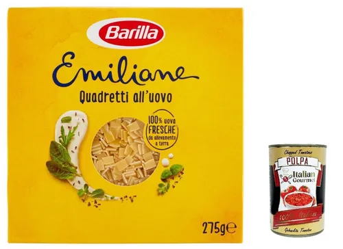 Produktbild 5x Barilla Pasta all' Uovo Le Emiliane Quadretti, Pasta mit Ei 275g+Polpa 400g