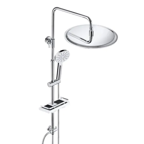 JOHO Edelstahl Duschsystem mit Regendusche ohne Armatur, 30 cm Chrom | Regenduschset mit Höhenverstellbare Duschstange 74–114 cm, 3 Strahlarten Handbrause, XXL Duschablage ohne Bohren