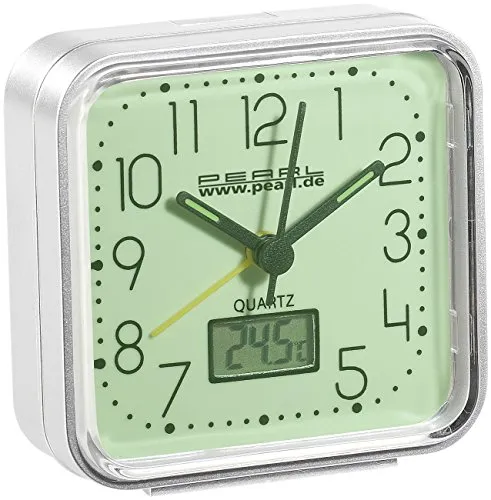 PEARL Quarzwecker - Wecker mit nachleuchtendem Zifferblatt und digitalem Thermometer – ideal für Reisen, pünktliches Wecken und ablesbar im Dunkeln.
