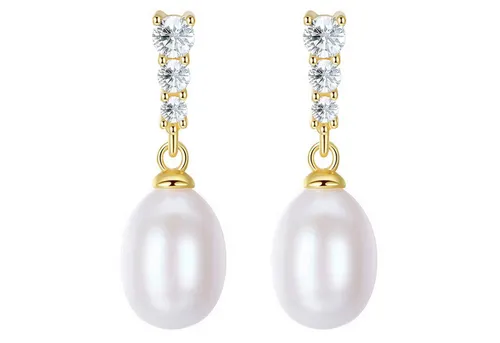 LÖB Perlenohrringe 925 Silber Gold - Elegante Hängeohrringe mit Zuchtperlen - Perlenohrringe aus 925 Silber, vergoldet und mit Zirkonia verziert. Ideal als Geschenk für besondere Anlässe, inklusive eleganter Schmuckbox.