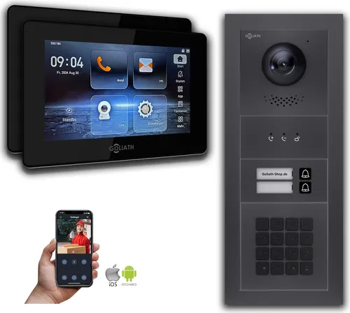 Goliath Intercom Video-Türsprechanlage 2-Draht BUS für Mehrfamilienhäuser - Moderne 2-Draht BUS-Video-Türsprechanlage mit Zahlencode und HD-Kamera. Ideal für zwei Familienhäuser: Sicherer Zugang und komfortable Kommunikation dank Interkom-Funktion und App-Steuerung.