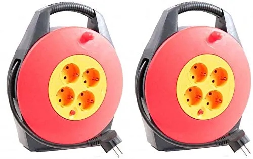 m 4-fach Schuko Kabeltrommel Verlängerungskabel IP20 - H05VV-F - 3G1,5 - schwarz/rot/gelb (für den Innenbereich) (2, 15 m Kabeltrommel IP20) 2 x 15