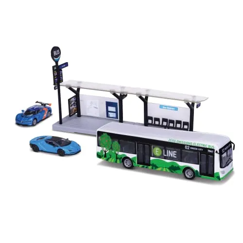 BBURAGO 1/64 öffentliche Verkehrsmittel – Playset City Bus + Station + 2 Fahrzeuge – Blau oder Grün