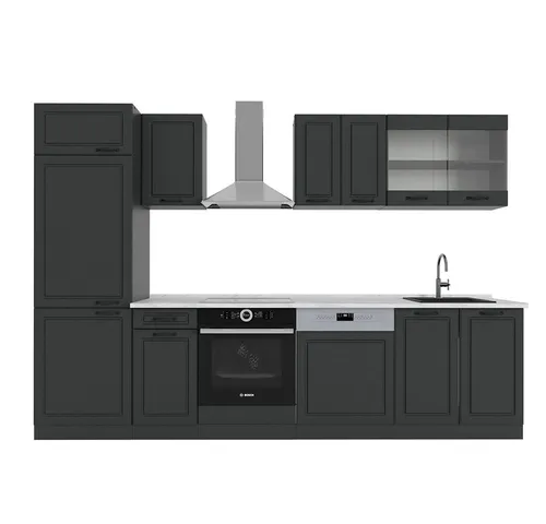 Vicco Küchenzeile R-Line, Anthrazit Landhaus, 300 cm - Küchenzeile mit moderner Arbeitsplatte in Marmor-Optik, höhenverstellbare Füße für ergonomisches Kochen und flexible Gestaltungsmöglichkeiten.