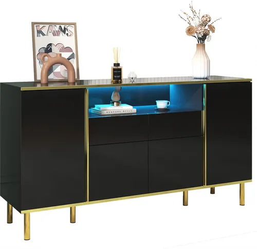 Elegantes Sideboard in Hochglanz Schwarz mit 2 Schubladen – B150/T40/H80cm - Stylisches Sideboard mit glänzender Oberfläche und goldenen Akzenten. Bietet vielseitigen Stauraum mit 4 Türen und 2 Schubladen, ideal für ein aufgeräumtes Zuhause. Inklusive stimmungsvollem LED-Licht für eine einladende Atmosphäre.