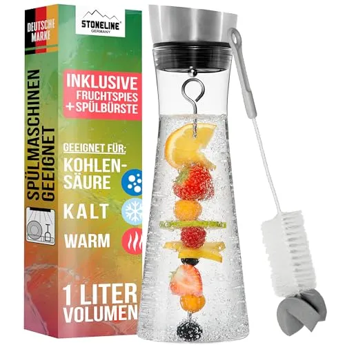 STONELINE Glaskaraffe 1 L mit Deckel aus Edelstahl Wasserkaraffe aus Borosilikatglas mit Fruchtspieß Spülbürste, Karaffe aus Glas für Heiße Kalte Hausgemachte Getränke Eistee Wein Kaffee Saft Limonade