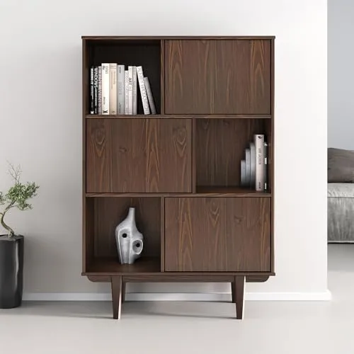 IDIMEX Highboard Simona – Nussbaum Wohnzimmer Kommode mit Push-to-Open - Vielseitiges Highboard in Nussbaum-Optik: Bietet großzügigen Stauraum und elegantes Mid-Century-Design für stilvolle Ordnung im Wohnbereich.