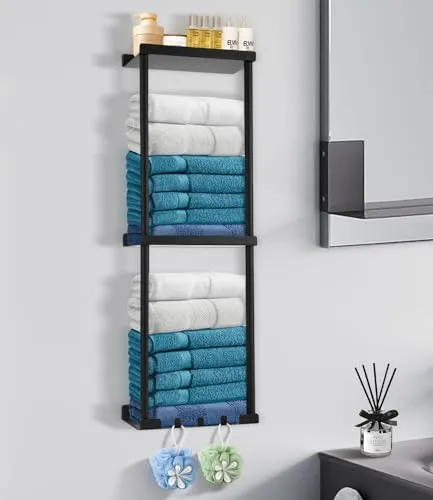 FAOKZE Handtuchhalter ohne Bohren - Handtuchhalter & -stangen, selbstklebend mit Ablage und 3 Haken, ideal für platzsparende Aufbewahrung im Badezimmer