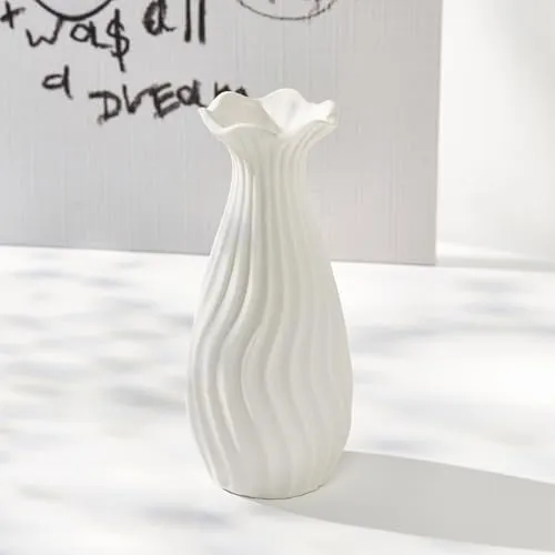 Keramik Blumenvase Weiß Modern - Deko Vase für Pampasgras, Aesthetic Blumen, Tischdeko, Wohnzimmer, Büro, Home Decor (Rund)