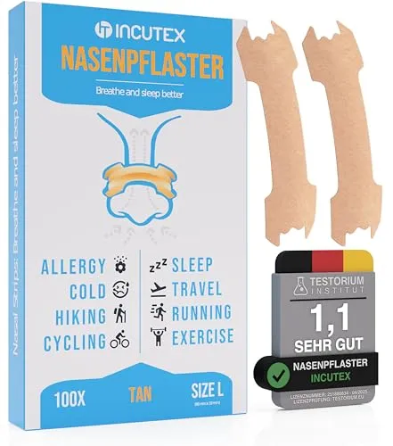 Incutex 100 Stück Nasenpflaster L gegen Schnarchen - Effektive Nasenstrips zur Verbesserung der Nasenatmung, ideal bei Schnarchen und für Sportler. Komfortables Gabel-Design, hautverträglich und einfach anzuwenden. 100 Stück in Größe L.