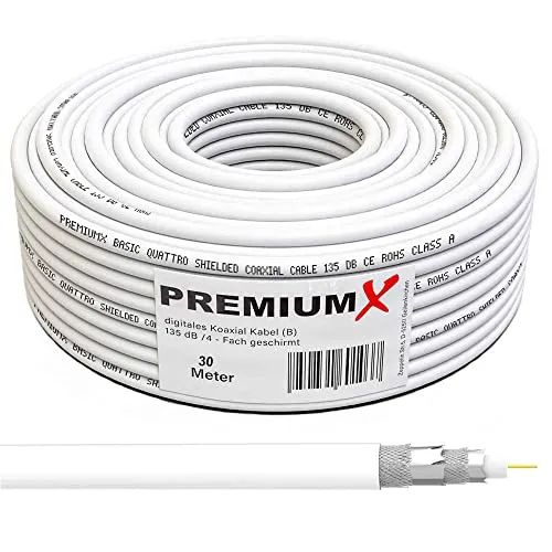 Premium X 30m BASIC Koaxialkabel 135dB 4-fach CCS Kupfer-Stahl Satelliten Koax-Kabel Antennenkabel Digital SAT TV Kabel