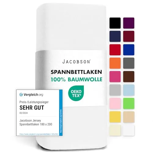 Jacobson Jersey Spannbettlaken Spannbetttuch Baumwolle Bettlaken (120x200-130x200 cm, Weiss)