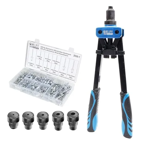 CCLIFE Nietenzange Set 5tlg mit 320 Blindnieten - Vielseitiges Nietzangen-Set für professionelle und DIY-Projekte, inkl. 5 Mundstücken für verschiedene Nietgrößen und ergonomischen Griffen für höchsten Komfort.