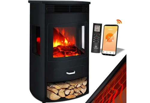 KESSER Prio Elektrokamin - 950-1900 W Heizlüfter mit WiFi App und Fernbedienung, realistischer LED-Flammeneffekt und Panorama-Sichtfenster für gemütliche Atmosphäre