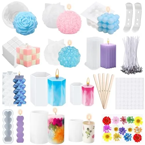 YUTUY Kerzenform Bubble Kerzen Kit – 3D DIY Silikon Gießformen - Set mit 12 Silikon-Kerzenformen, 100 Dochten und Zubehör für kreatives DIY. Ideal für Kerzen- und Seifenherstellung, leicht zu entformen und zu reinigen.