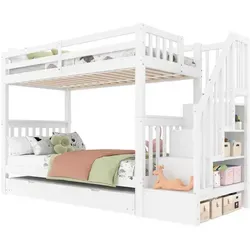 Stilvora Etagenbett aus Holz, Weiß, 90x200 cm für Kinderzimmer - Platzsparendes Etagenbett für zwei Kinder mit ausziehbarem Rollbett. Robuste Konstruktion aus Kiefernholz und MDF, ideal für eine flexible Raumnutzung. Inklusive praktischem Treppenregal für zusätzlichen Stauraum.