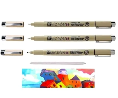 SAKURA Pigma Micron Schwarz 08. Set mit 3 Stück + 1 CARTE UND ESTOMPE