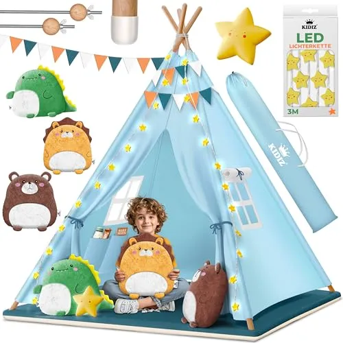 KIDIZ® Tipi Zelt für Kinder Spielzelt 100x100x160cm Kinderzelt aus Baumwolle mit LED-Lichterkette, Leuchtstern, Fahnengirlande, 3 Plüschtiere, Untermatte & Tragetasche Spielhaus für drinnen & draußen