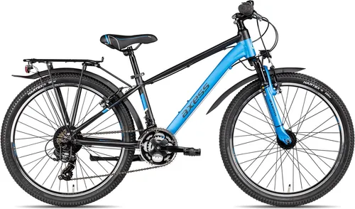 Axess Adventure 18 24 Zoll Kinderfahrrad - Blau - Das Axess Adventure 18 24 ist ideal für junge Fahrer ab 8 Jahren. Mit 24-Zoll-Laufrädern, 18-Gang Shimano Kettenschaltung und LED-Lichtanlage bietet es Sicherheit und Komfort für erste Abenteuer im Alltag.