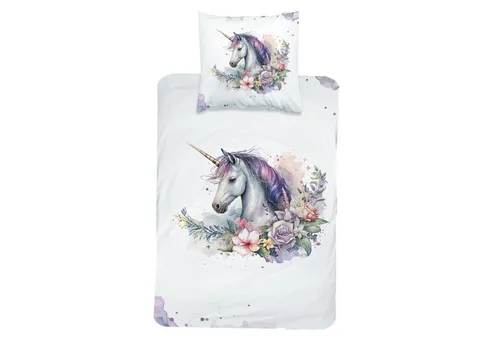 MTOnlinehandel Bettwäsche Unicorn Blumen 135x200 - Bettwaren-Set für Kinder mit magischen Einhorn-Motiven, 100% Baumwolle, wendbar und pflegeleicht für ganzjährigen Komfort.