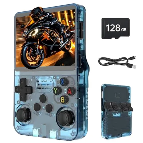 Febotak R36S Retro-Handheld-Spielkonsole, 3,5-Zoll-IPS-Bildschirm, 128 GB Speicher, über 40.000 Spiele, basierend auf LINXU Open Source ARKOS, 3500-mAh-Akku (Transparentes Blau)