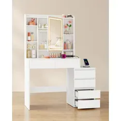 VASAGLE Frisiertisch mit LED-Spiegel und Ladestation, 40 x 105 x 145 cm, weiß - Eleganter Schminktisch mit verstellbarem LED-Licht und praktischen Schubladen für optimalen Stauraum. Ideal für eine stilvolle Einrichtung und bequemes Aufladen Ihrer Geräte. Perfekt für jedes Zuhause!