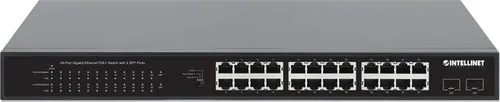 Intellinet 24-Port Gigabit Ethernet PoE+ Switch - Switch mit 24 RJ45-Ports und 2 SFP-Ports, bietet ein PoE-Strombudget von 370 W für reibungslose Stromversorgung und Datenübertragung an kompatible Geräte.