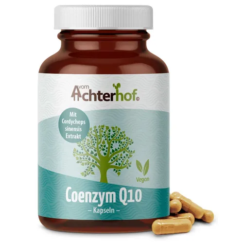 Coenzym Q10 100 Kapseln | reiner und patentierter Q10 Wirkstoff | vom Achterhof - Antioxidant Coenzym Q10 mit 150 mg pflanzlichen Extrakten und Vitamin C für einen normalen Energiestoffwechsel. Unterstützt deine Energie und Vitalität!