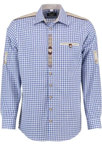 OS Trachten Herren Hemd Langarm Draker, Mittelblau, Größe 39/40