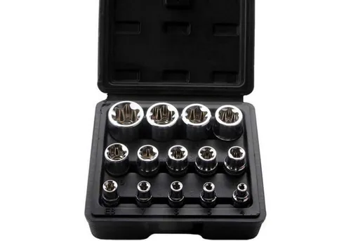 E-Torx Steckschlüsselsatz 14tlg E4-E24 - Praktischer 14-teiliges E-Torx Steckschlüsselsatz für Autoreparaturen und Heimwerkerprojekte. Hergestellt aus korrosionsbeständigem Chrom-Vanadium-Stahl, bietet er Langlebigkeit und eine übersichtliche Aufbewahrung.