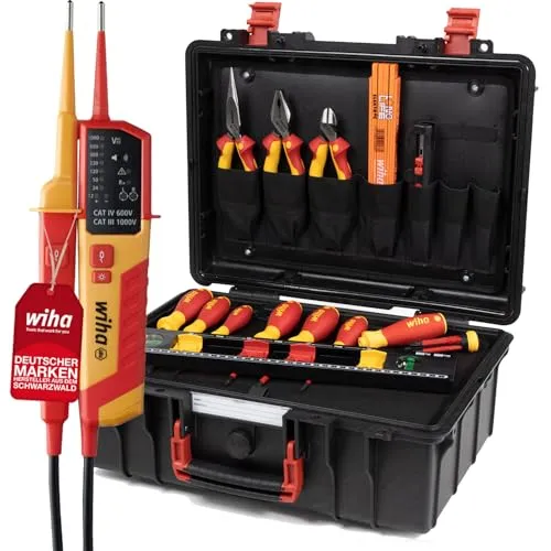 Wiha Lehrlingskoffer für Elektroinstallation 18-teilig VDE - Werkzeugkasten für Elektriker mit 18 VDE-zertifizierten Werkzeugen, IP67 wasserdicht und ideal für Azubis und Profis, auch mit Platz für zusätzliche Ausrüstung.