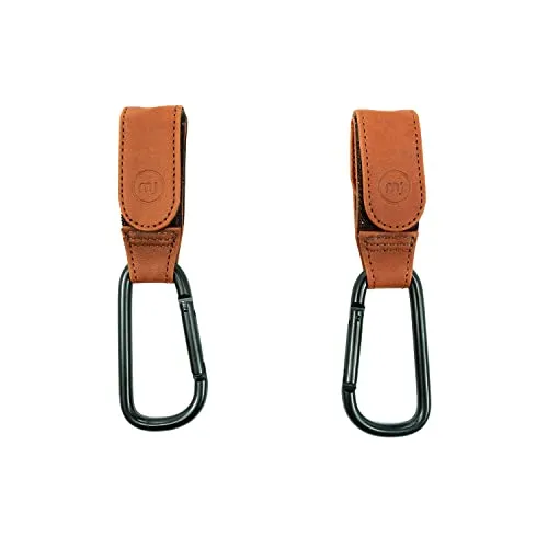 my junior® My Hooks Kinderwagen Haken | veganes Leder | belastbar bis 10kg | 2er Pack | universelle Passform mit Klettverschluss - Cognac