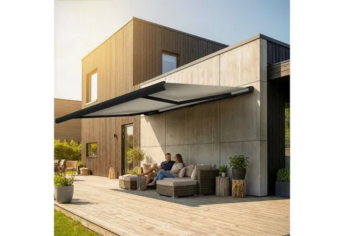 Eclipse Elektrische Vollkassettenmarkise 2x1,5m Anthrazit - Elegante Vollkassettenmarkise mit elektrischer Bedienung, ideal für Terrassen. UV-Schutzfaktor 50+ und windbeständig, bietet optimalen Schutz und Komfort.