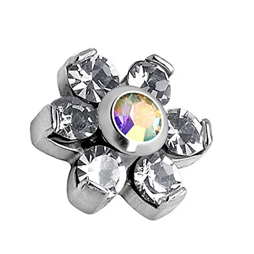 Piercingfaktor Dermal Anchor Piercing Skin Diver Anker Aufsatz Kugel Aufsatzkugel Ball Flach Stecker mit Strass Glitzer Kristall Ferido Blume Silber Clear