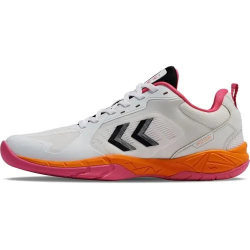 Hummel Speed Court Hallenschuhe White/Pink 38,5 - Damen-Sportschuhe mit atmungsaktivem Mesh-Obermaterial und REACH LX-Technologie für hohe Energierückgabe, ideal für Hartplatzoberflächen.