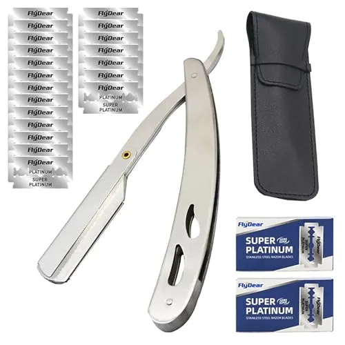Neoreser Rasiermesser mit 20 Rasierklingen, Straight Razor Rasierer Herren Bartmesser, Rasiermesser Set mit Ledertasche(Silber)