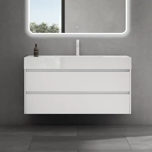 doporro Waschtisch mit Unterschrank 120x48x63cm Badmöbel-Set Matt Weiß Badezimmerschrank Mineralguss-Waschbecken Wandmontage