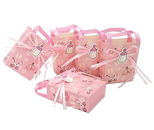 JZK 24 x Rosa Gastgeschenk Süßigkeiten Schachtel mit Babyflasche Muster für Baby Mädchen Geburtstag Taufe Neugeborenen Babyparty Baby Shower Kinder Party