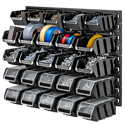 KADAX Werkstattregal, 58x39cm Werkzeugwandregal aus robustem Kunststoff, UV-Resistentes Lagersystem, Erweiterbare Wandplatten, Werkstattwandregal für Garage (Schwarz, 25 tlg. ver 2)