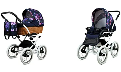 BabyLux ALU 2in1 Kinderwagen für Kleinkinder – Kinderwagen für Neugeborene und Kleinkinder – Baby Neugeborenen Kinderwagen – 59x105x125cm – Max. 15kg – Royal Magnolia White Frame