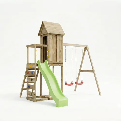MaxPlay 5 KDI Spielplatz mit Spielhaus und Rutsche - Entdecken Sie den MaxPlay 5 – ein großzügiger Spielplatz mit Spielhaus, Rutsche und Doppelschaukel. Ideal für kreative Rollenspiele und gleichzeitig sicher mit stabiler Konstruktion und viel Platz für bis zu 8 Kinder.