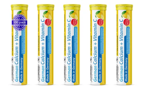 German Calcium + Vitamin C Brausetabletten 5x20 Stk. Zitronengeschmack - 300 mg Kalzium, 75 mg Vitamin C Zuckerfrei - T&D Pharma – Germany