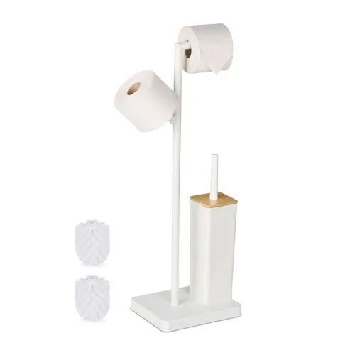 relaxdays WC-Garnitur Bambus & Edelstahl, Weiß - Toilettenbürstenhalter mit elegantem Design, inkl. hygienisch wechselbarem Bürstenkopf und praktischem Klopapierhalter – ideal für Badezimmer und Gäste-WC.