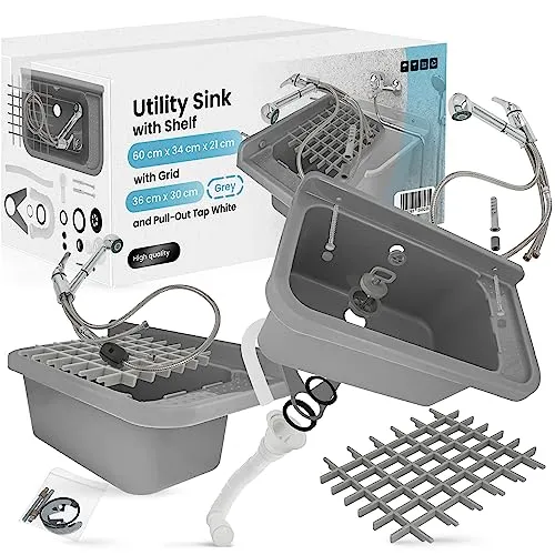 Ausgussbecken 60x34cm Grau mit Regal und Gitter Spültischmischer mit Ausziehbrause Spülbecken Waschbecken für Garten Garage Keller Waschküche Gartenwaschbecken Waschtrog Siphon und Montageset