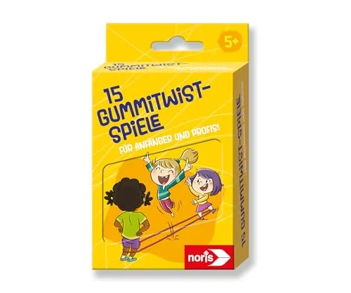 noris 606092104-15 Gummitwist-Spiele für Kinder ab 5 Jahre - Set aus Buntem Hüpfgummi und Spiel-Anleitungen in Blechdose für 3 Spieler, Outdoor-Spielzeug für Anfänger und kleine Profis