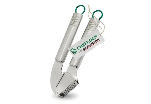 Chefkoch trifft Fackelmann Knoblauchpresse Knoblauchpresse aus Edelstahl – 200x65mm – in Silber/Grau/Grün