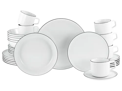 CreaTable Kombiservice Chef Collection Black Line, 30-tlg - 30-teiliges Kombi-Service für 6 Personen aus hochwertigem Porzellan, mikrowellengeeignet und spülmaschinenfest – perfekt für den täglichen Gebrauch.