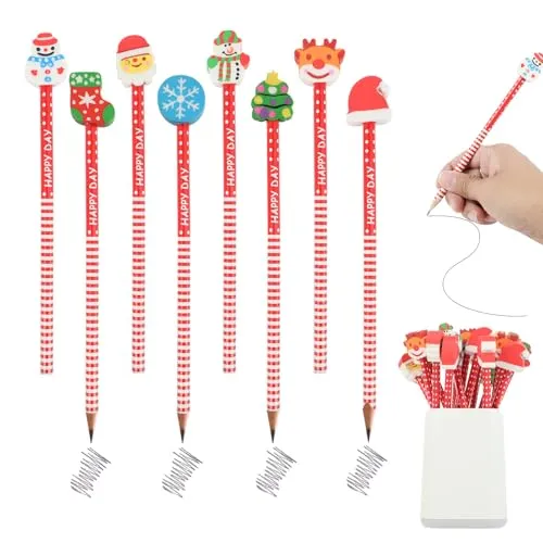 Set mit 24 Bleistiften im Cartoon-Design, mit abnehmbarem Radiergummi, Weihnachtsgeschenke, ideal als Geburtstagsgeschenk. Perfekt für Schule, Zeichnen und Basteln, mit Holz-Design und Tiermützen