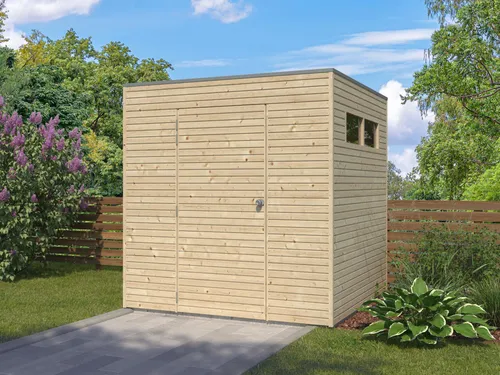 Gartenhaus Modell QB-Line 4,41 m² - Kubus Gartenhaus Modell QB-Line 4,41 m² mit stabilen 28mm Wänden aus nordischer Fichte. Modernes Design, wetterfestes Dach und inklusive hochwertigem Montagematerial für eine einfache Installation.