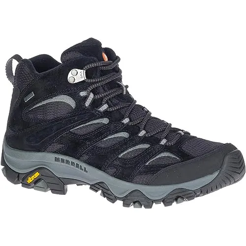 Merrell Herren Moab 3 Mid GTX Wanderschuhe, Black/Grey, 47 EU - Wanderschuhe mit Obermaterial aus Schweinsleder und Netzstoff, 100 % recycelte Schnürsenkel, ideal für anspruchsvolle Trails und optimalen Halt.